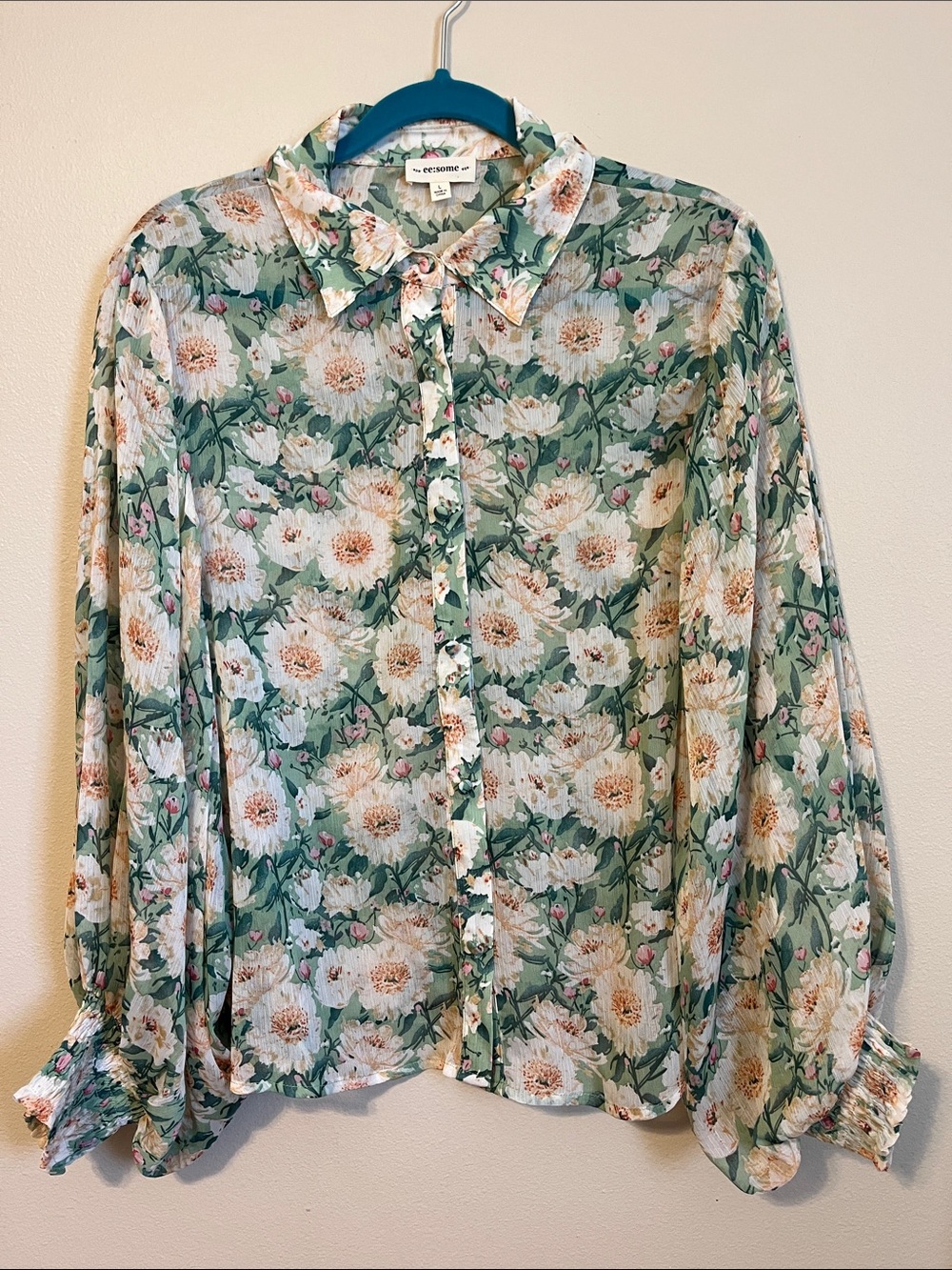 ee:some Vintage Floral Printed Button Down Blouse,Carnations & Peony Pattern